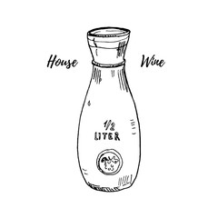 Glass wine or water carafe vector illustration isolated on white. Hand drawn ink sketch. Italian and French typical house wine serving vessel