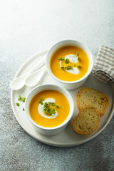 Homemade creamy pumpkin carrot soup