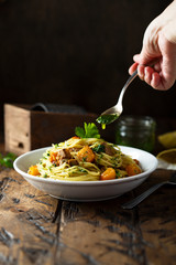 Pumpkin beef pasta with parsley sauce