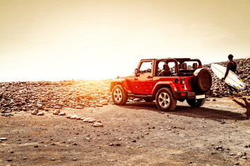 Red summer time on beach. Summer sunset time and free space for your decoration. 