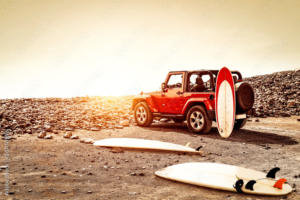 Poster red summer time on beach. summer sunset time and free space for your decoration.