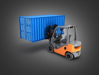 Forklift handling the cargo shipping container isolated on black gradient background 3d render