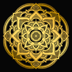 Mandala design. Ethnic round ornament. Hand drawn indian motif. Mehendi meditation yoga henna theme. Unique golden floral print.