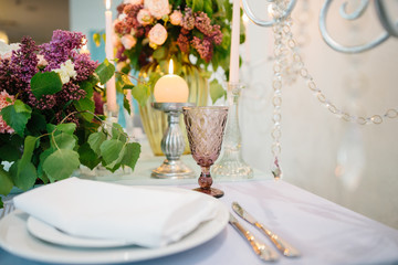 Wedding romantic dinner table settings.