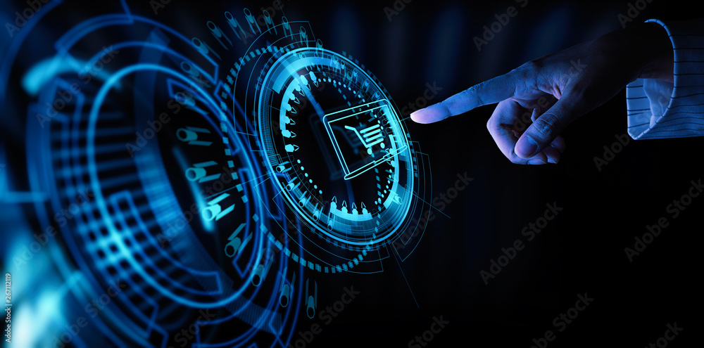 Poster Hand pushing virtual symbol of online shopping with modern UI computer and smart phone.