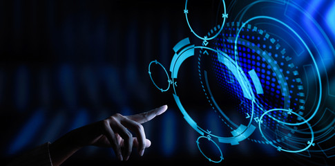 Woman hand in suit using hud interface with Artificial intelligence Machine learning Business Internet Technology concept.