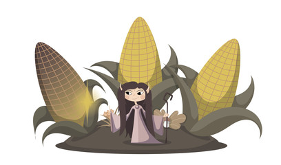 Elf on a meadow with gigantic corn, leaves and mushrooms, holding a stick and doing magic. White background. Flat cartoon style vector illustration.