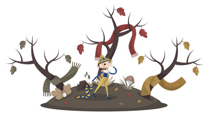 Boy on a meadow with trees, leaves, grass, mushrooms and a stump covering trees with scarves and wearing a bag. White background. Flat cartoon style vector illustration.