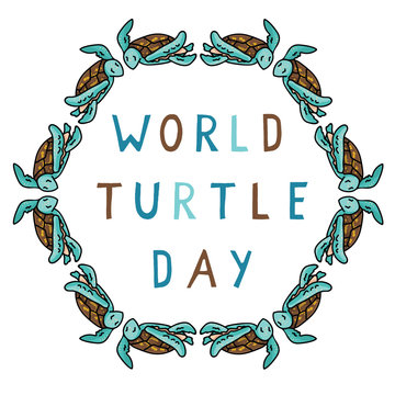 Cute world turtle day circle cartoon vector illustration motif set. Hand drawn isolated endangered ocean life elements clipart for animal conservation blog, shell graphic.