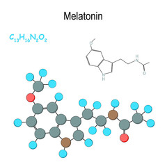 Melatonin. Chemical structural formula and model of hormone molecule