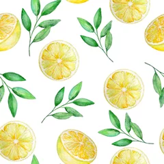 Wallpaper murals Lemons watercolor seamless pattern slices and branches