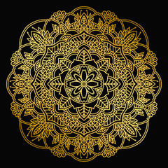 Mandala design. Ethnic round ornament. Hand drawn indian motif. Mehendi meditation yoga henna theme. Unique golden floral print.