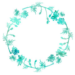 Round frame of flowers, chamomile. Watercolor drawing with a contour stroke on a white background, for the design of invitations, cards, greetings, announcements