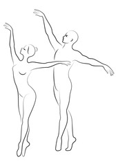 Silhouette of a cute lady and youth, they dance ballet. The woman and the man have beautiful slender figures. Girl ballerina and boyfriend dancer. Ballet dancer. Vector illustration
