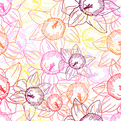 Seamless pattern of colorful daffodils.