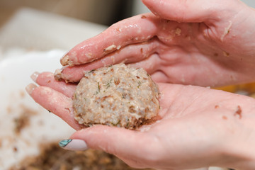 Woman making chops. Making chops at home. Home cooking food.