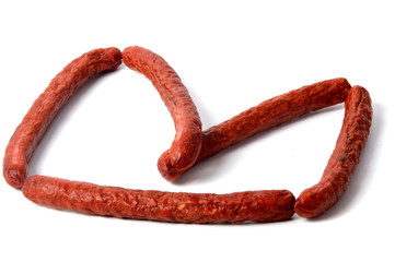 Small smoked sausages isolated on a white background.