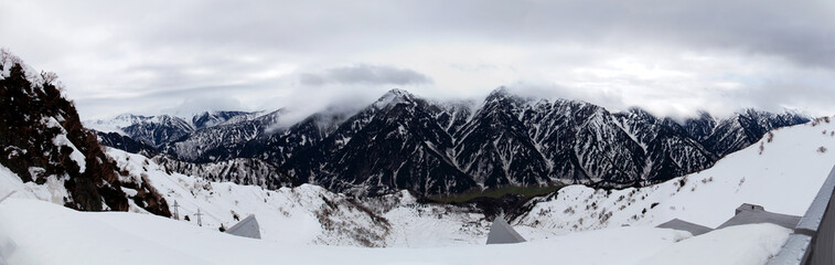 Panorama view of Japan alps, landscape form top of Tateyama Kurobe Alpine route in the last winter season