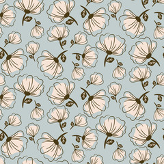 Seamless pale blue and blush pastel hand drawn flower pattern vector.