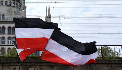 Im Wind wehende Fahnen der rechtsextremen NPD