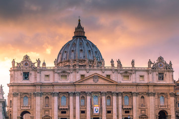 Beautiful sunset over St. Peter Basilica, Vatican, Rome