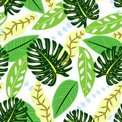 Colorful seamless pattern with green tropical leaves on white background. Vector design. Flat jungle print. Floral background.