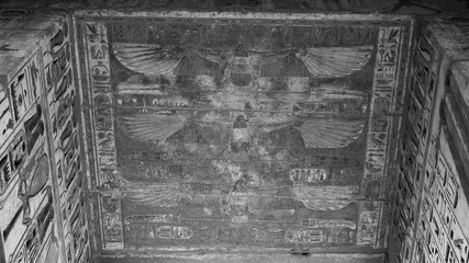 old ancient Egyptian carvings on the wall, people, birds, and hieroglyphics on the roof of an...