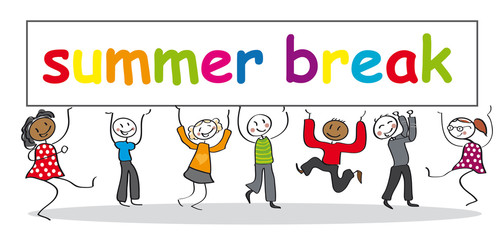 SUMMER BREAK isolated on white background. Happy stick figures holding Banner