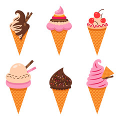 Collection of 6 vector illustrations of ice cream on a white isolated background
