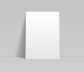 Blank white sheet of paper leaning at the wall template, vector mockup