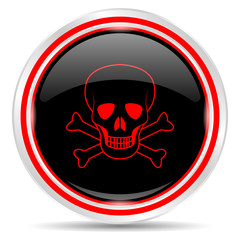 Skull icon. Round metal web button, black and red.