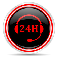 24h icon. Round metal web button, black and red.