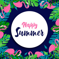 Happy Summer card of flamingo and tropical plant