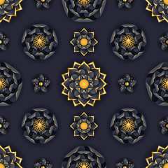 Abstract golden and black flowers seamless background.