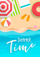 Fototapeta na wymiar Summer time card of beach vacation in top view