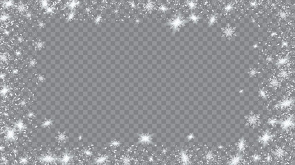 Fototapeta premium Glitter snowflakes background. Holiday illustration for christmas card. Bbright, White, Shimmer, Glowing, Scatter, Falling on a Transparent background.