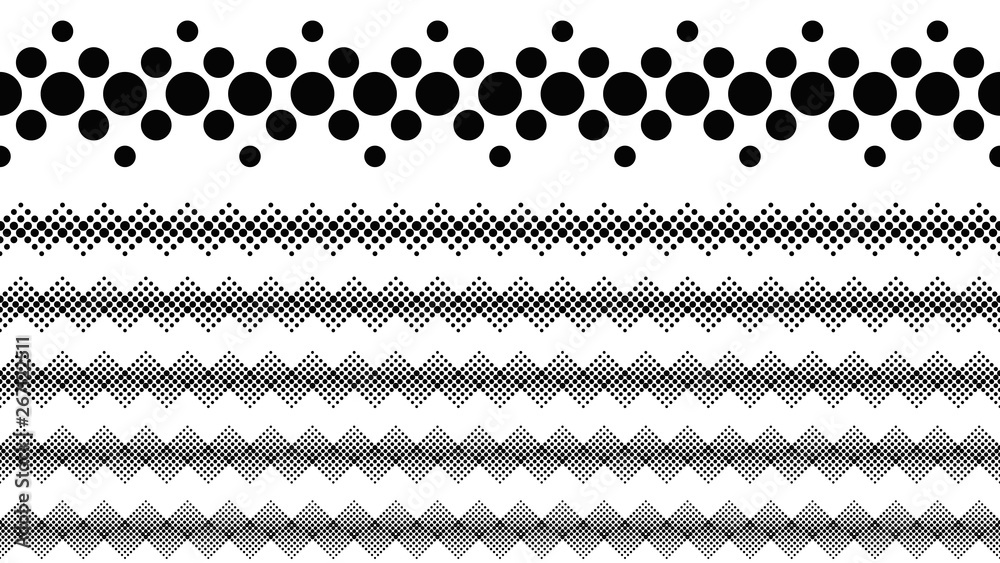 Poster repeating abstract geometrical circle pattern page break set - monochrome vector graphic design elem