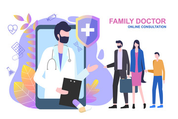 Family Doctor Online Consultation Vector Illustration. Cartoon Male Physician Man Woman Child Internet Appointment Medical Advice Service Professional Diagnosis Treatment Health Care