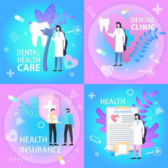 Dental Clinic Health Care Insurance Banner Set. Doctor Dentist Tooth Treatment Man Sign Contract Vector Illustration. medical Professional Service Money Bill Coverage Patient Support