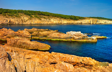 Beautiful landscape with rocky shore and blue sea