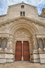 Beautiful architecture of entrance door of Church of Saint Trophime. The entrance of the St-Trophime church in Arles, Provence, Bouches-du-Rhône, France