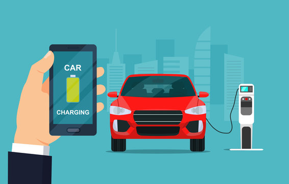 Electric car is charging, front view. Hand holding smartphone with battery on the screen.  Vector flat style illustration.
