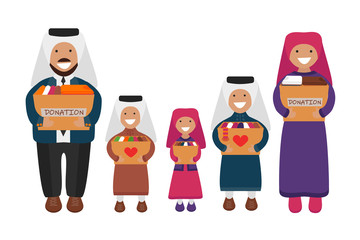 Vector Illustration of Big Muslim Family of Volunteers are Holding Donation Boxes. Concept of Clothes Donation. Social Care and Charity Concept