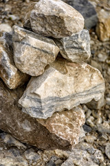 Stone pyramids built by tourists from pieces of marble in the mountain Park Ruskeala.