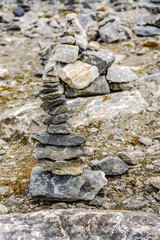 Stone pyramids built by tourists from pieces of marble in the mountain Park Ruskeala.