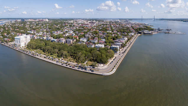 Aerial 180 degree panorama of the downtown area of Charleston, South Carolina.