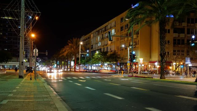 Tel Aviv night street view of city center 4k footage time-lapse
