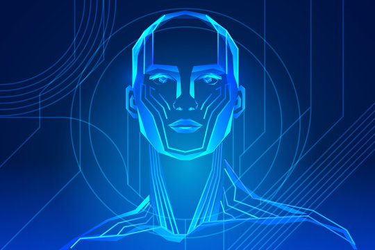  Robot Or Human Body Enhancement Concept. Artificial Intelligence With Face In Abstract World. Vector Illustration