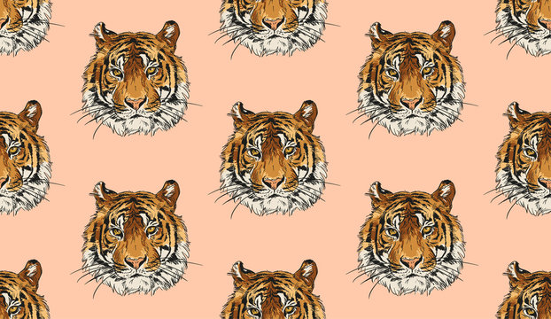 Tiger Head Vector Seamless Pattern Background 