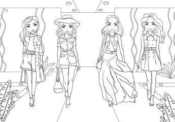 Coloring Girls In Military Suits And Raincoats